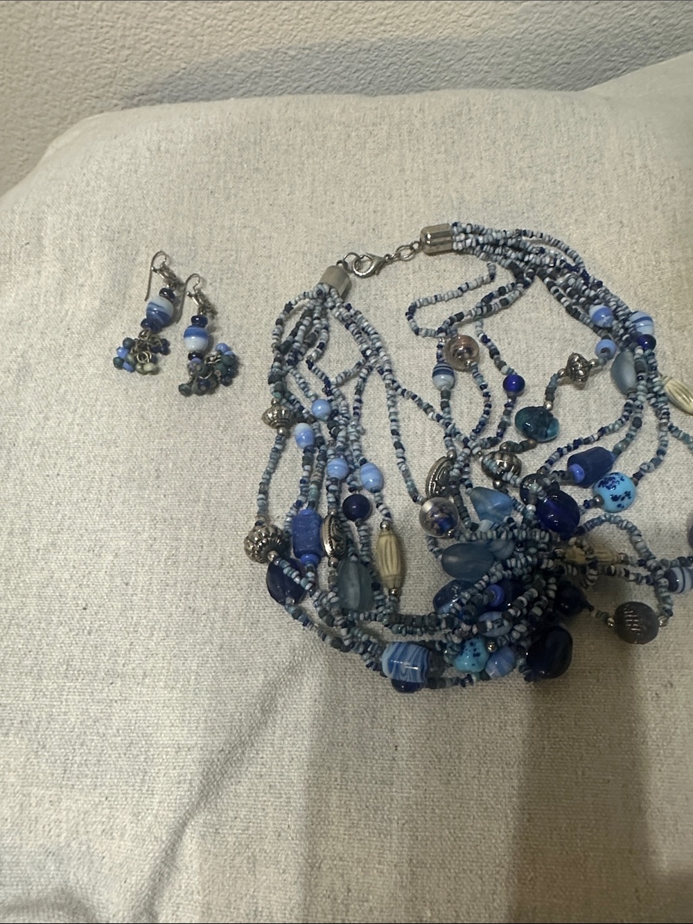 Multi-Strand Blue Beaded Necklace with Matching Earrings